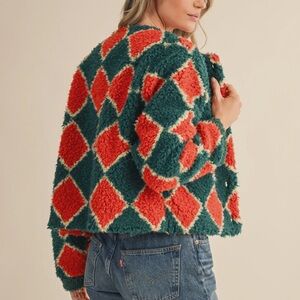Cozy Argyle Teddy Jacket in Orange and Green